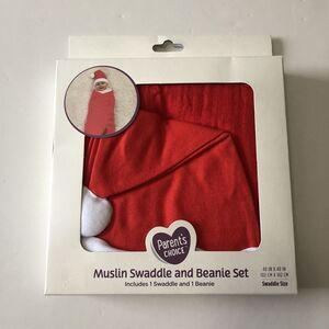 Parents Choice Muslin Red Santa Swaddle And Beanie Size infant Swaddle NIB